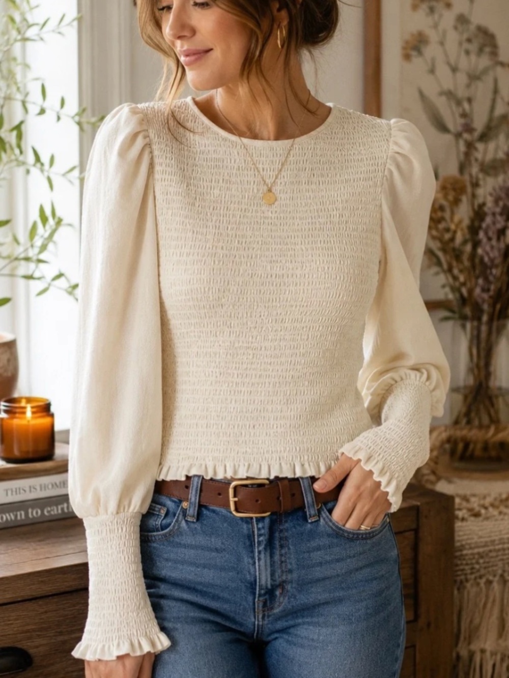 Anthropologie Smocked Long Sleeve Cream Ivory Puff Sleeve Stretch Top Small